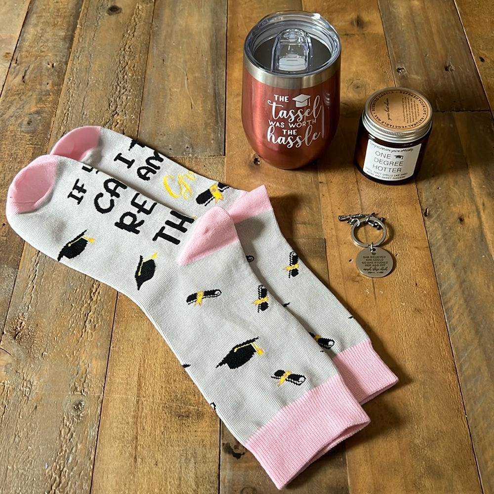 Grad graduation gift set -socks, candle, cup keychain NIB perfect condition
